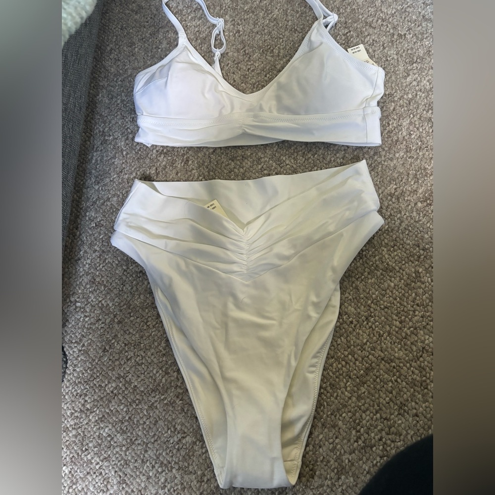 Aerie ruched longline bikini top (M) and and high cut cheeky bikini bottom (L)